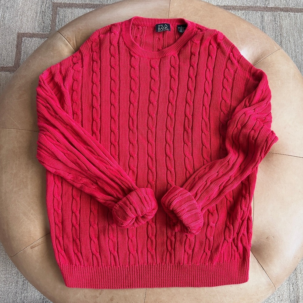 Cable Knit Fisherman Lightweight Sweater Red Cotton Oversized Cozy New England L